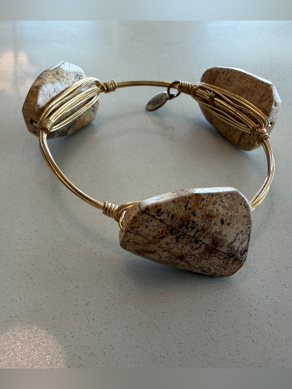 Bourbon and Bowties Gold Wire-Wrapped Bracelet with Beige Stone Accents